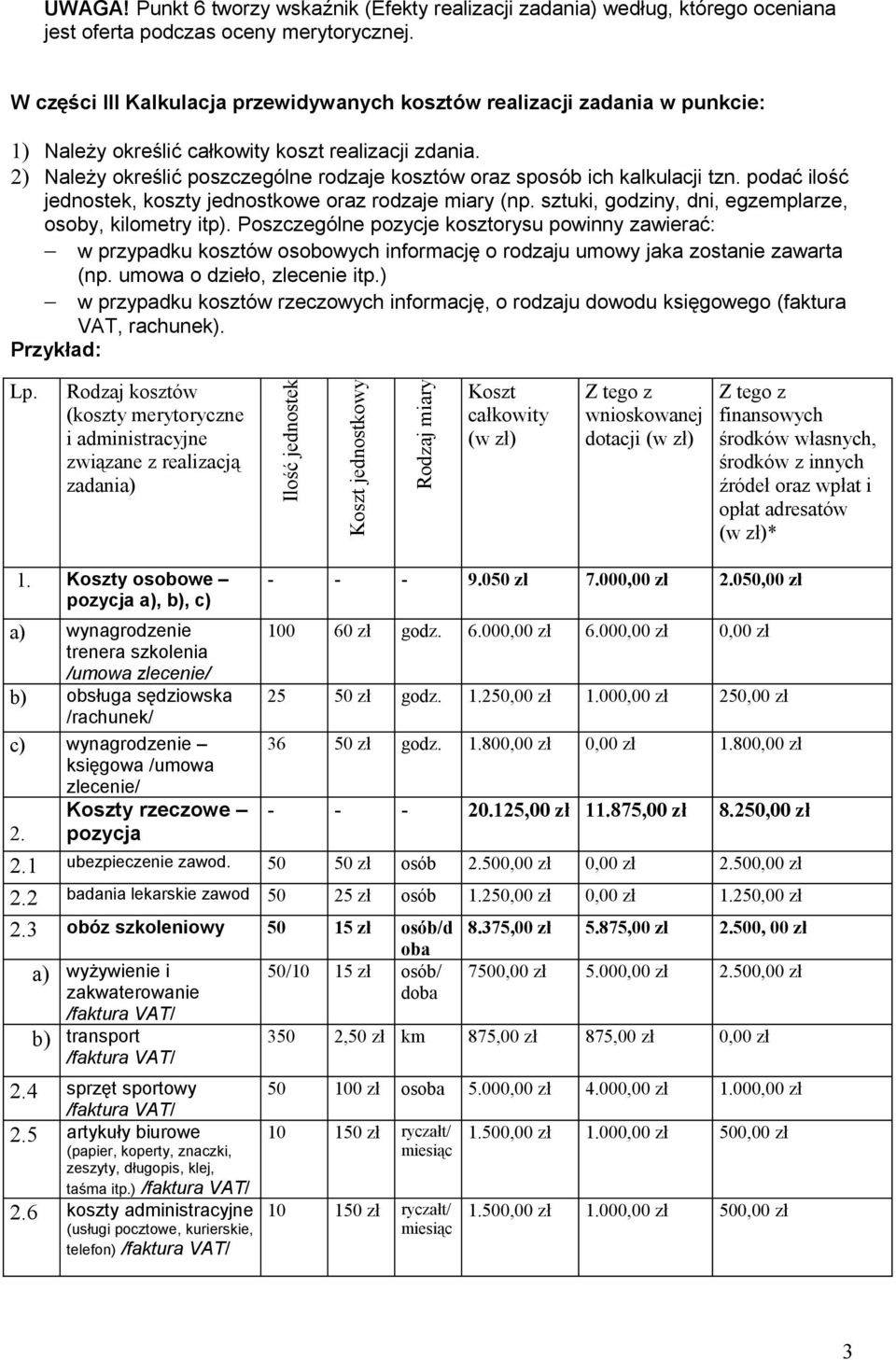 2) Należy określić poszczególne rodzaje kosztów oraz sposób ich kalkulacji tzn. podać ilość jednostek, koszty jednostkowe oraz rodzaje miary (np.