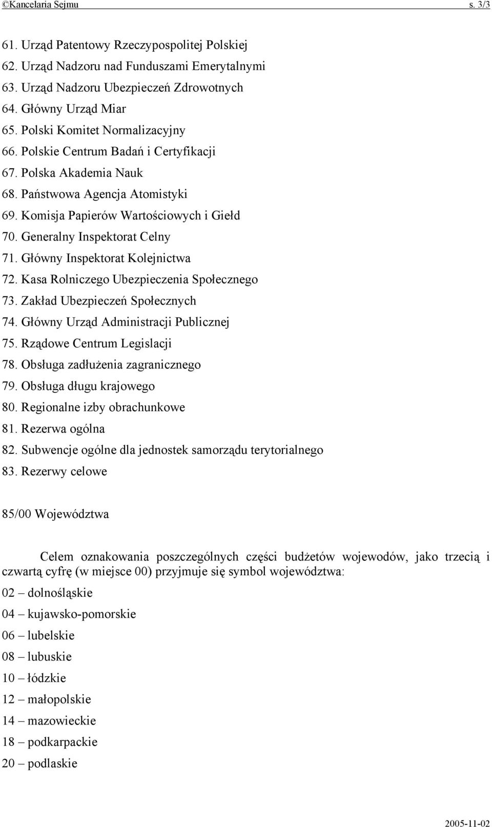 Generalny Inspektorat Celny 71. Główny Inspektorat Kolejnictwa 72. Kasa Rolniczego Ubezpieczenia Społecznego 73. Zakład Ubezpieczeń Społecznych 74. Główny Urząd Administracji Publicznej 75.