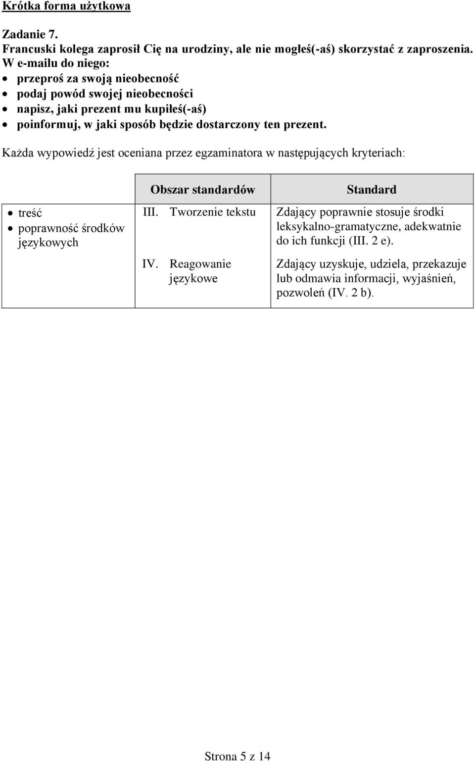 prezent. Każda wypowiedź jest oceniana przez egzaminatora w następujących kryteriach: treść poprawność środków językowych Obszar standardów III. Tworzenie tekstu IV.