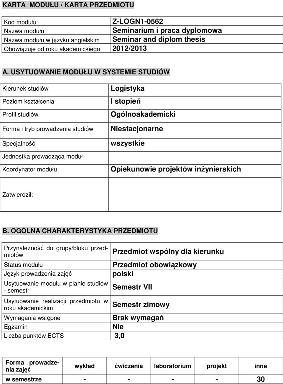 prowadząca moduł Koordynator modułu Opiekunowie projektów inżynierkich Zatwierdził: B.