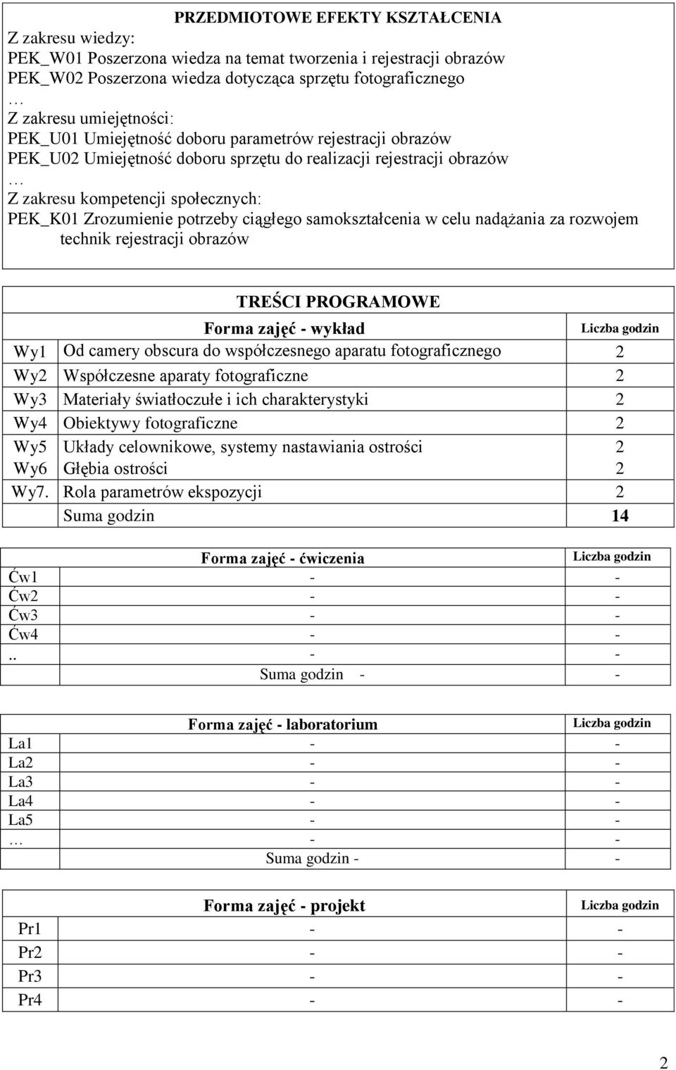 samokształcenia w celu nadążania za rozwojem TREŚCI PROGRAMOWE Forma zajęć - wykład Wy1 Od camery obscura do współczesnego aparatu fotograficznego Wy Współczesne aparaty fotograficzne Wy3 Materiały