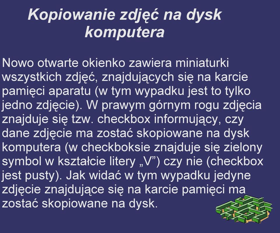 checkbox informujący, czy dane zdjęcie ma zostać skopiowane na dysk (w checkboksie znajduje się zielony symbol w