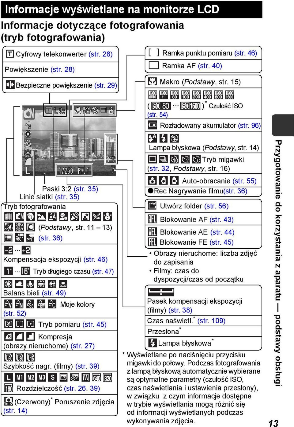 35) Tryb fotografowania (Podstawy, str. 11 13) (str. 36) Kompensacja ekspozycji (str. 46) Tryb długiego czasu (str. 47) Balans bieli (str. 49) Moje kolory (str. 52) Tryb pomiaru (str.