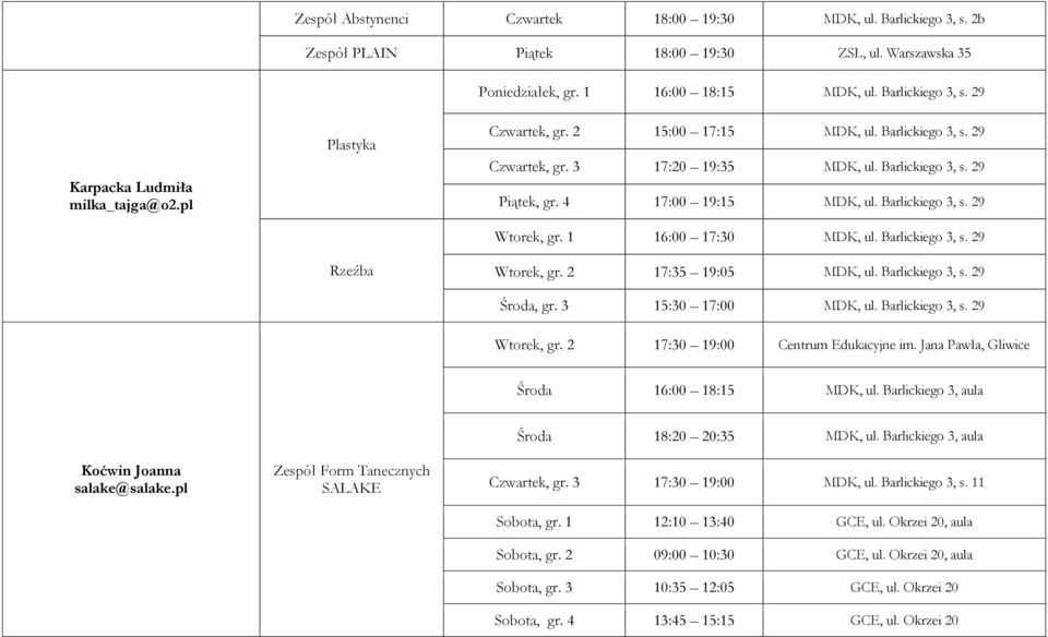 1 16:00 17:30 MDK, ul. Barlickiego 3, s. 29 Wtorek, gr. 2 17:35 19:05 MDK, ul. Barlickiego 3, s. 29 Środa, gr. 3 15:30 17:00 MDK, ul. Barlickiego 3, s. 29 Wtorek, gr. 2 17:30 19:00 Centrum Edukacyjne im.