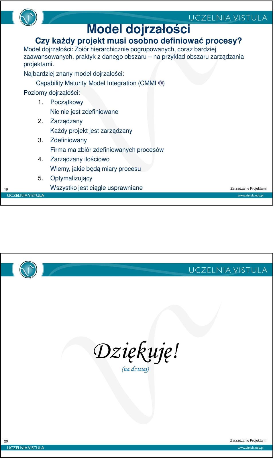 projektami. Najbardziej znany model dojrzałości: Capability Maturity Model Integration (CMMI ) Poziomy dojrzałości: 1.