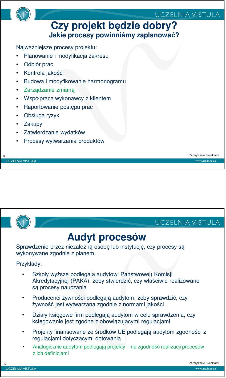 postępu prac Obsługa ryzyk Zakupy Zatwierdzanie wydatków Procesy wytwarzania produktów 9 Audyt procesów Sprawdzenie przez niezależną osobę lub instytucję, czy procesy są wykonywane zgodnie z planem.