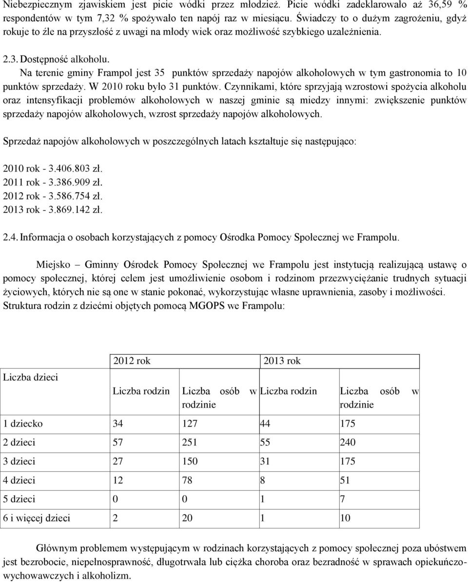 Na terenie gminy Frampol jest 35 punktów sprzedaży napojów alkoholowych w tym gastronomia to 10 punktów sprzedaży. W 2010 roku było 31 punktów.