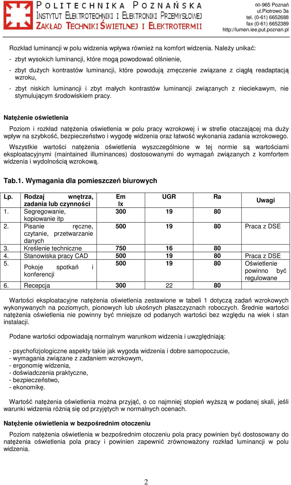 luminancji i zbyt małych kontrastów luminancji związanych z nieciekawym, nie stymulującym środowiskiem pracy.