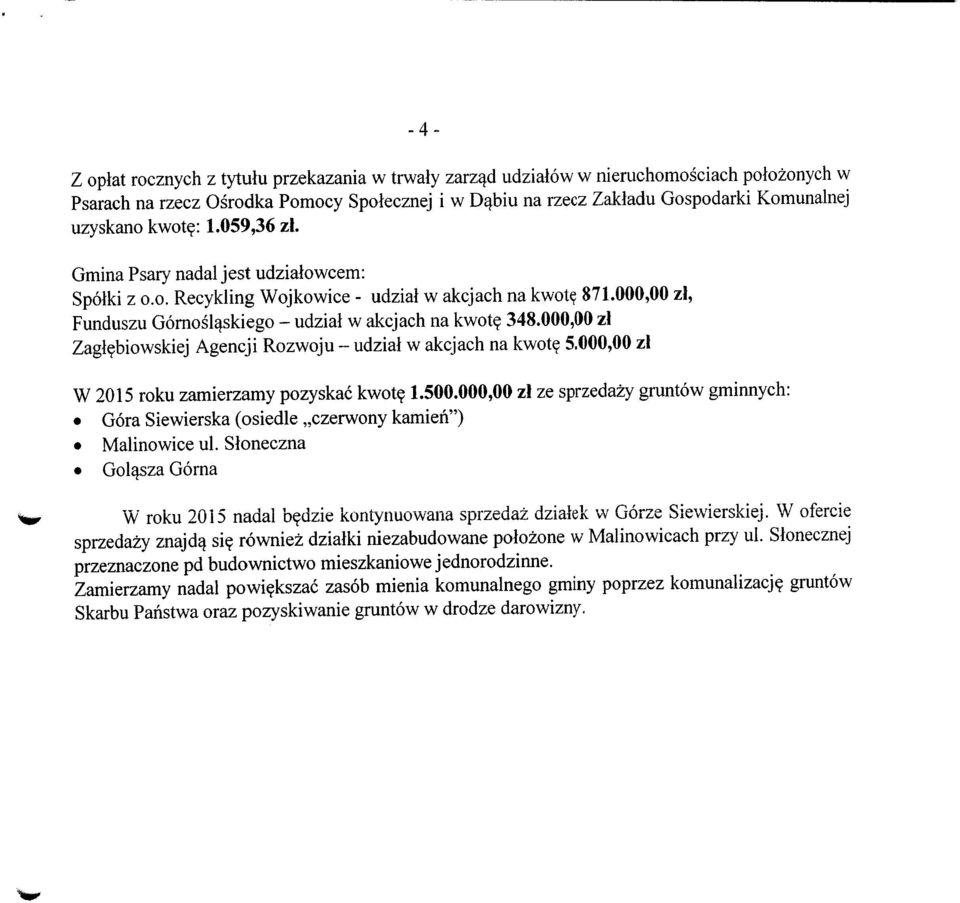 biowskiej Agencji Rozwoju - udzial w akcjach na kwote 5. zl W 215 roku zamierzamy pozyskac kwote 1.5. zl ze sprzedazy gruntow gminnych: Gora Siewierska (osiedle,,czerwony kamien") Malinowice ul.