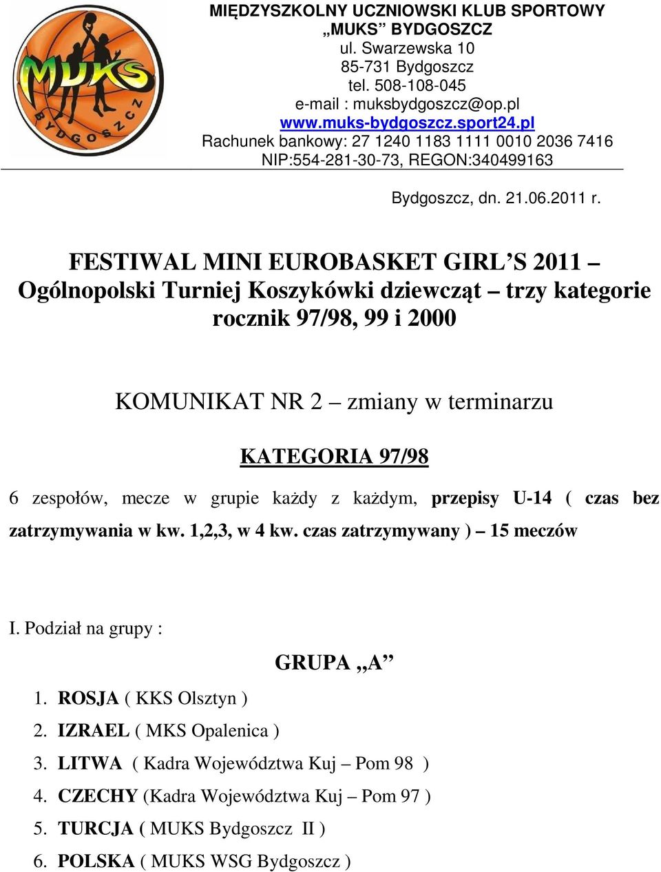 FESTIWAL MINI EUROBASKET GIRL S 2011 Ogólnopolski Turniej Koszykówki dziewcząt trzy kategorie rocznik 97/98, 99 i 2000 KOMUNIKAT NR 2 zmiany w terminarzu KATEGORIA 97/98 6 zespołów, mecze w grupie