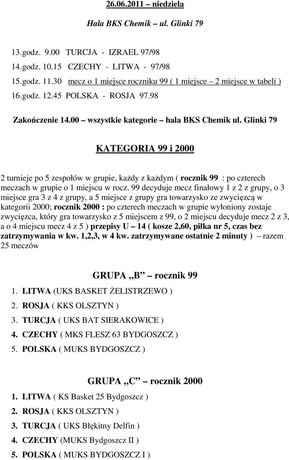 Glinki 79 KATEGORIA 99 i 2000 2 turnieje po 5 zespołów w grupie, każdy z każdym ( rocznik 99 : po czterech meczach w grupie o 1 miejscu w rocz.