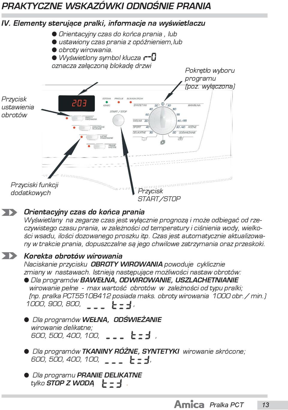 wy³¹czona) Przycisk ustawienia obrotów Przyciski funkcji dodatkowych Przycisk START/STOP Orientacyjny czas do koñca prania Wyœwietlany na zegarze czas jest wy³¹cznie prognoz¹ i mo e odbiegaæ od