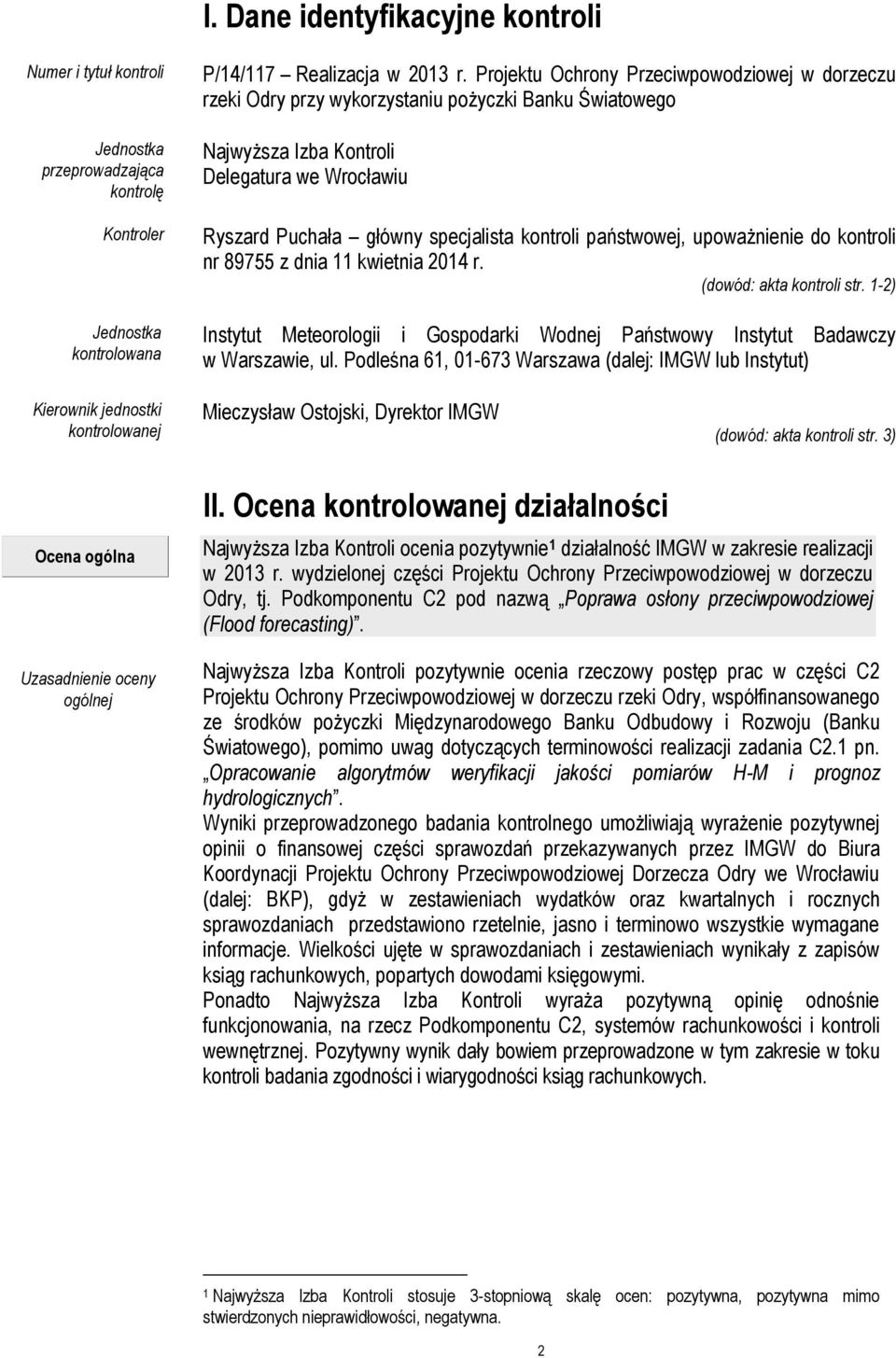 państwowej, upoważnienie do kontroli nr 89755 z dnia 11 kwietnia 2014 r. (dowód: akta kontroli str. 1-2) Instytut Meteorologii i Gospodarki Wodnej Państwowy Instytut Badawczy w Warszawie, ul.