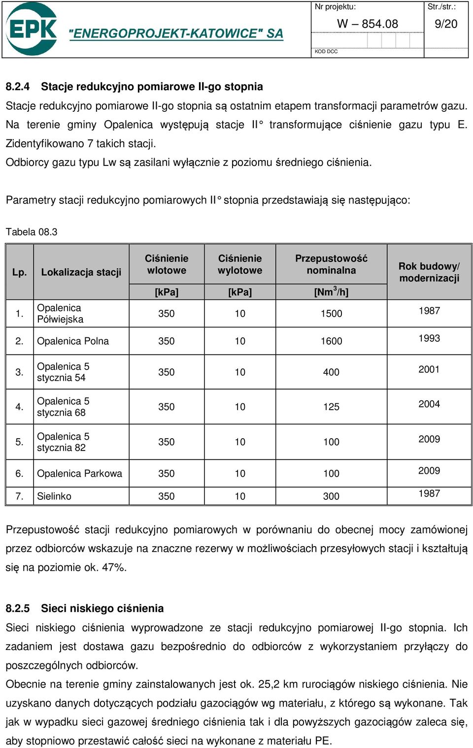 Parametry stacji redukcyjno pomiarowych II stopnia przedstawiają się następująco: Tabela 08.3 Lp. 1.