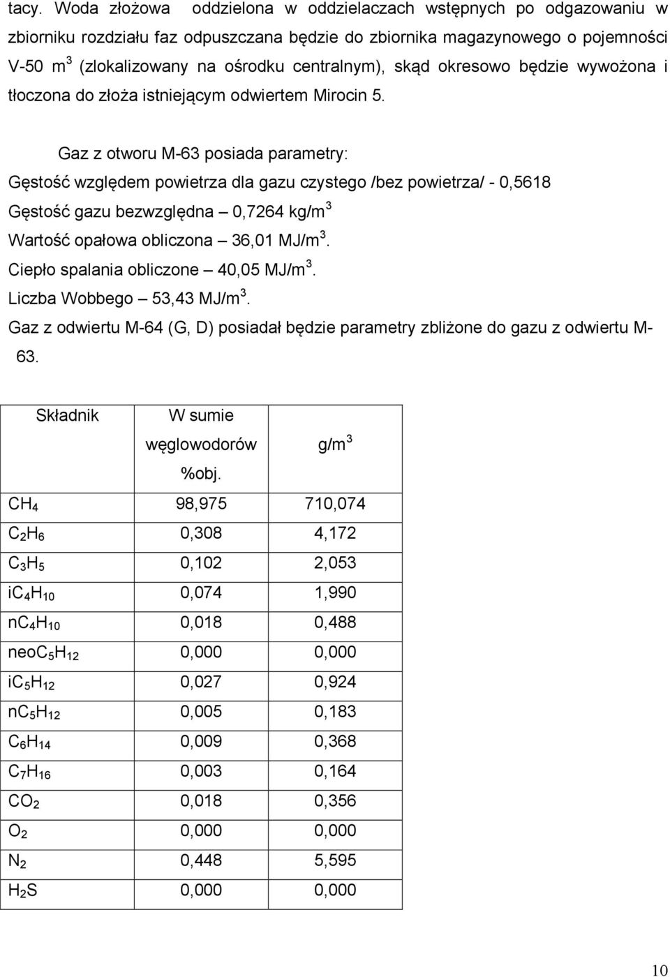 Gaz z otworu M-63 posiada parametry: Gęstość względem powietrza dla gazu czystego /bez powietrza/ - 0,5618 Gęstość gazu bezwzględna 0,7264 kg/m 3 Wartość opałowa obliczona 36,01 MJ/m 3.