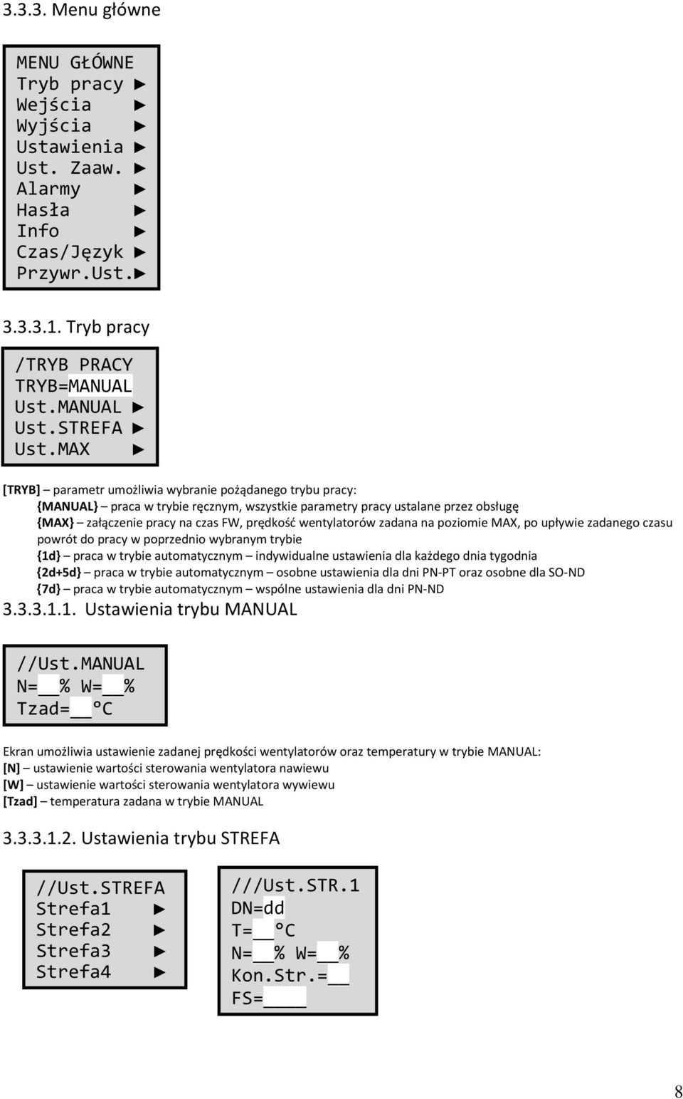 wentylatorów zadana na poziomie MAX, po upływie zadanego czasu powrót do pracy w poprzednio wybranym trybie {1d} praca w trybie automatycznym indywidualne ustawienia dla każdego dnia tygodnia {2d+5d}