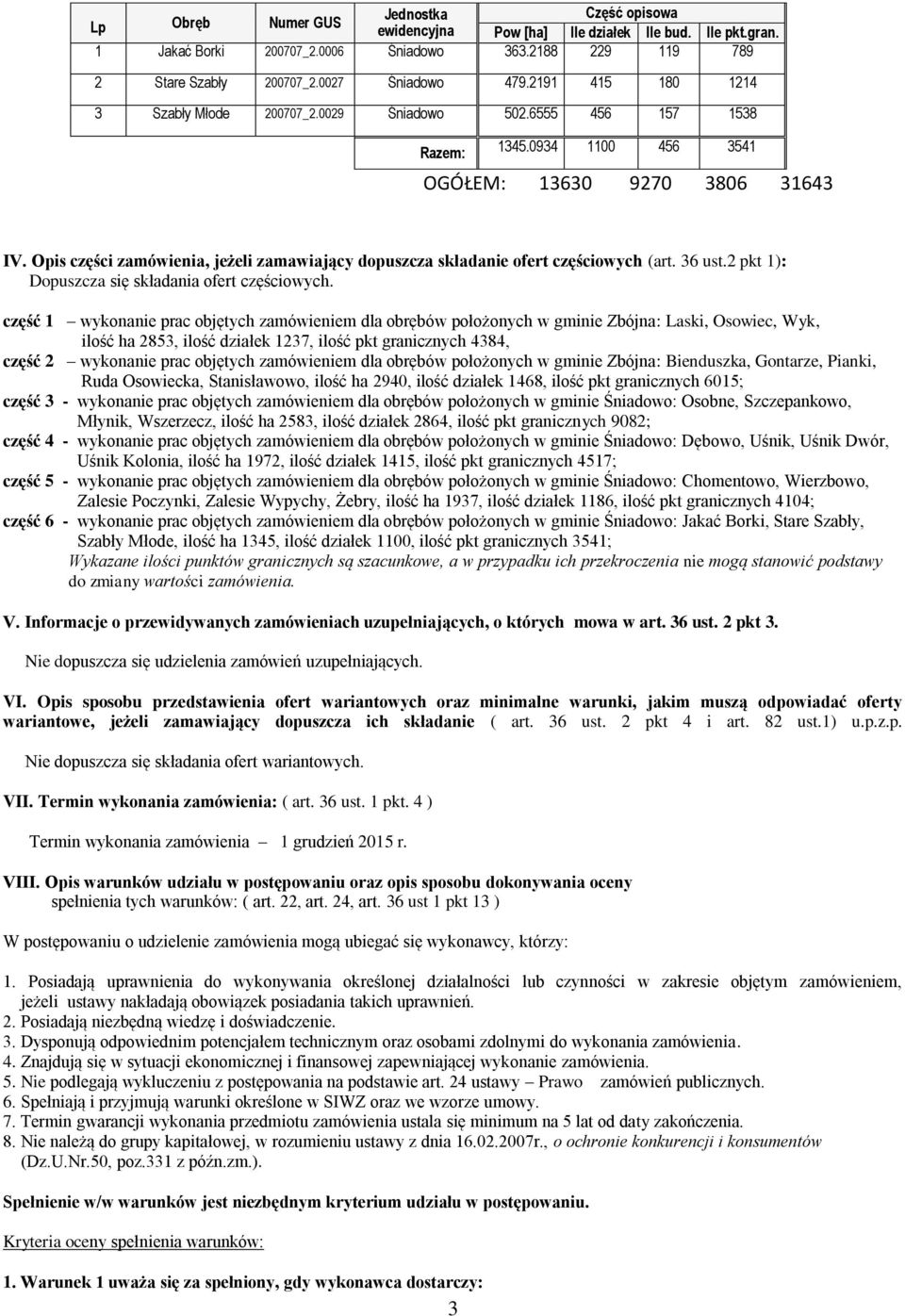 część 1 wykonanie prac objętych zamówieniem dla obrębów położonych w gminie Zbójna: Laski, Osowiec, Wyk, ilość ha 2853, ilość działek 1237, ilość pkt granicznych 4384, część 2 wykonanie prac objętych