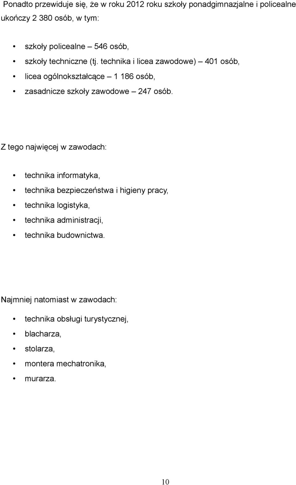 Z tego najwięcej w zawodach: technika informatyka, technika bezpieczeństwa i higieny pracy, technika logistyka, technika administracji,