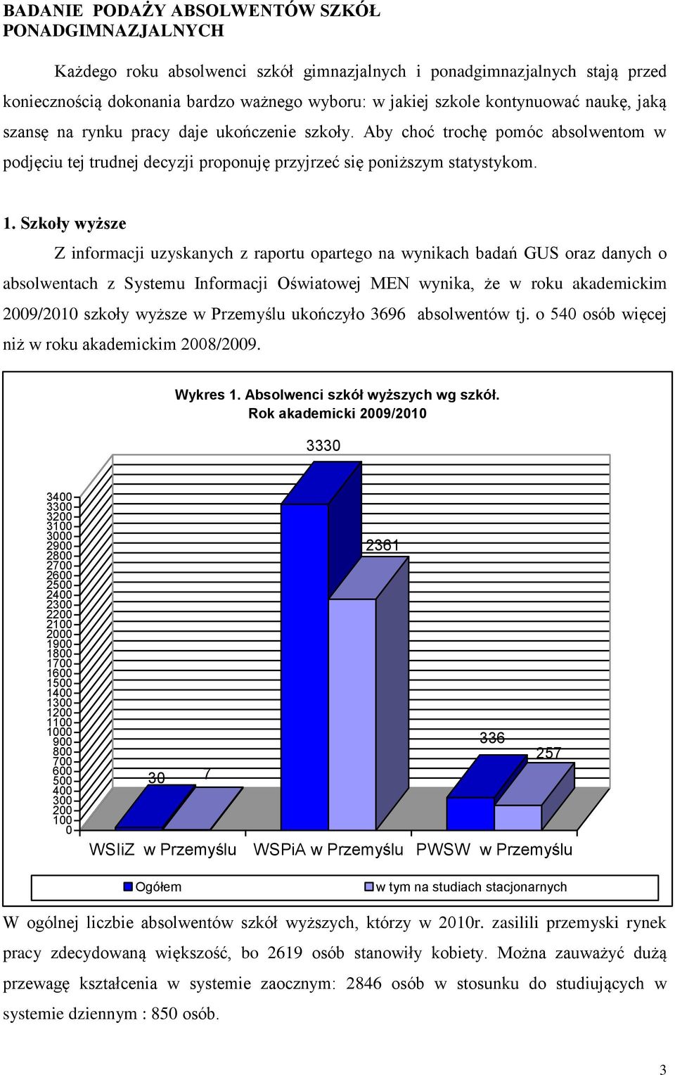Szkoły wyższe Z informacji uzyskanych z raportu opartego na wynikach badań GUS oraz danych o absolwentach z Systemu Informacji Oświatowej MEN wynika, że w roku akademickim 2009/2010 szkoły wyższe w