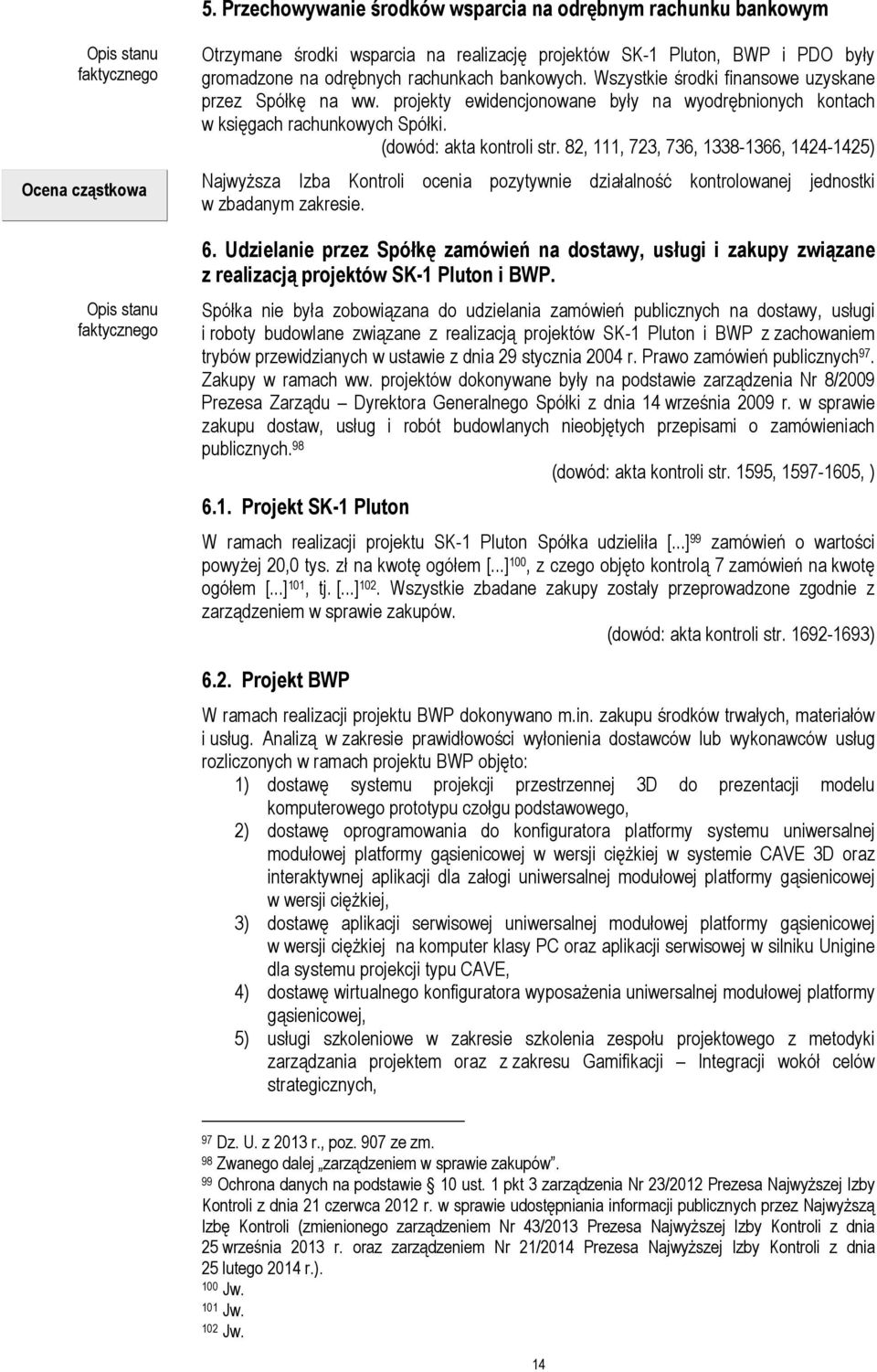 (dowód: akta kontroli str. 82, 111, 723, 736, 1338-1366, 1424-1425) Najwyższa Izba Kontroli ocenia pozytywnie działalność kontrolowanej jednostki w zbadanym zakresie. 6.