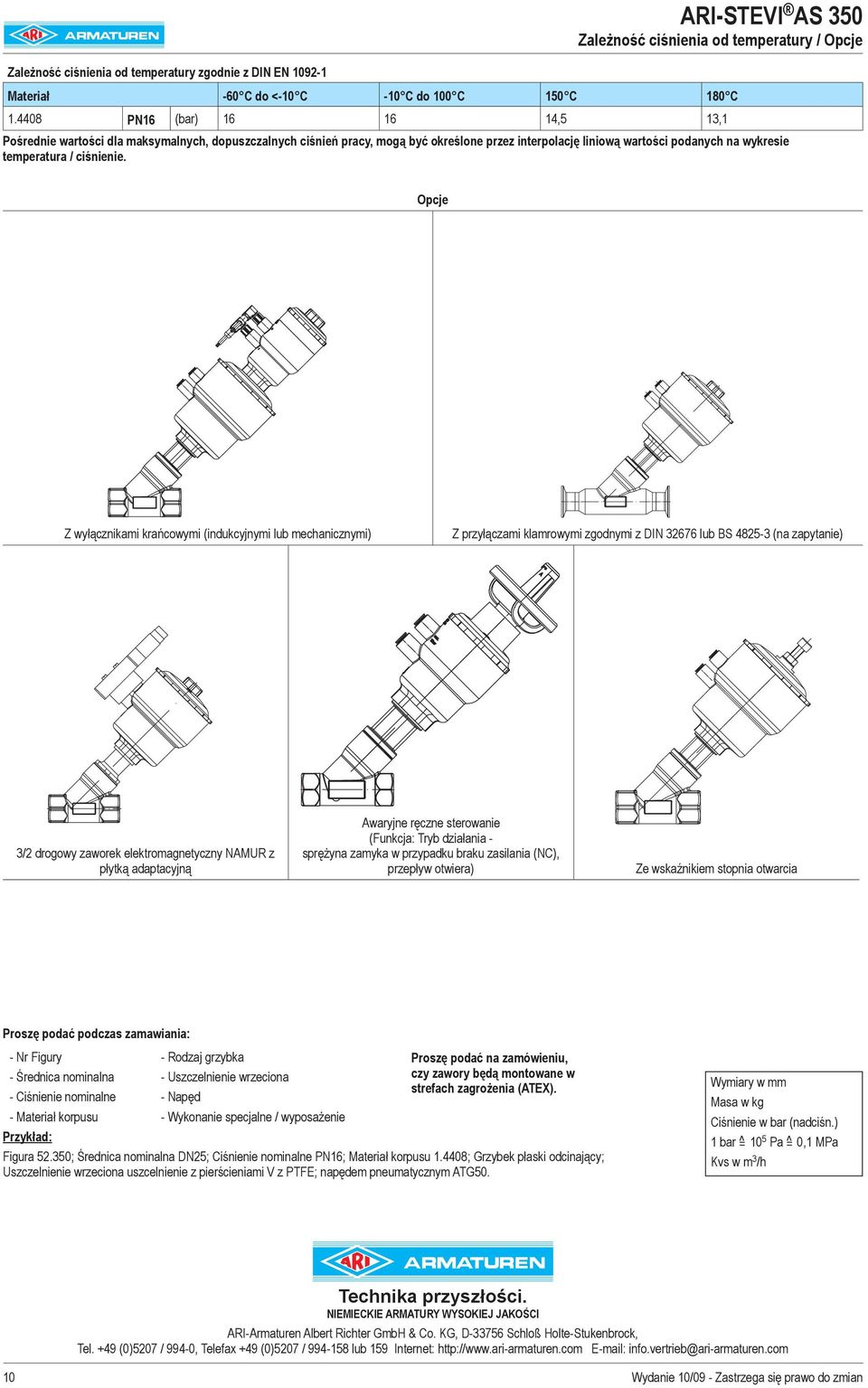 Opcje Z wyłącznikami krańcowymi (indukcyjnymi lub mechanicznymi) Z przyłączami klamrowymi zgodnymi z DIN 32676 lub BS 4825-3 (na zapytanie) 3/2 drogowy zaworek elektromagnetyczny NAMUR z płytką