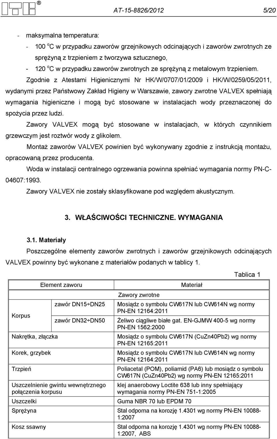 Zgodnie z Atestami Higienicznymi Nr HK/W/0707/01/2009 i HK/W/0259/05/2011, wydanymi przez Państwowy Zakład Higieny w Warszawie, zawory zwrotne VALVEX spełniają wymagania higieniczne i mogą być