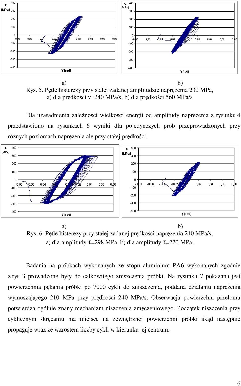 rysunku 4 przedstawiono na rysunkach 6 wyniki dla pojedynczych prób przeprowadzonych przy róŝnych poziomach napręŝenia ale przy stałej prędkości. a) b) Rys. 6. Pętle histerezy przy stałej zadanej prędkości napręŝenia 240 MPa/s, a) dla amplitudy τ=298 MPa, b) dla amplitudy τ=220 MPa.