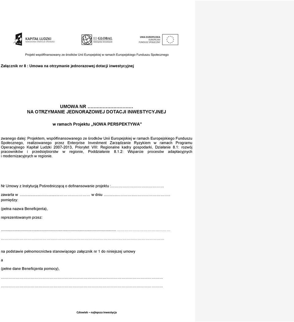 Ludzki 2007-2013, Priorytet VIII: Regionalne kadry gospodarki, Działanie 8.1: rozwój pracowników i przedsiębiorstw w regionie, Poddziałanie 8.1.2: Wsparcie procesów adaptacyjnych i modernizacyjnych w regionie.