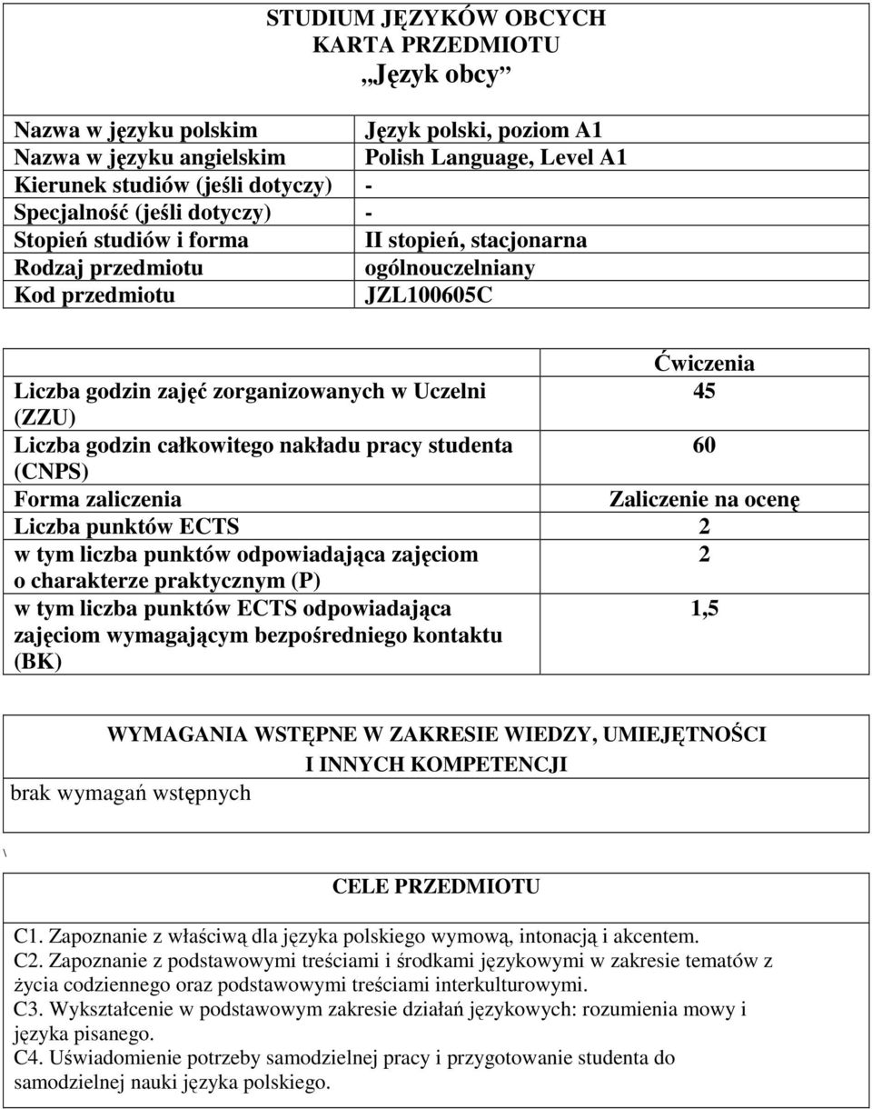 godzin całkowitego nakładu pracy studenta 60 (CNPS) Forma zaliczenia Zaliczenie na ocenę Liczba punktów ECTS 2 w tym liczba punktów odpowiadająca zajęciom 2 o charakterze praktycznym (P) w tym liczba