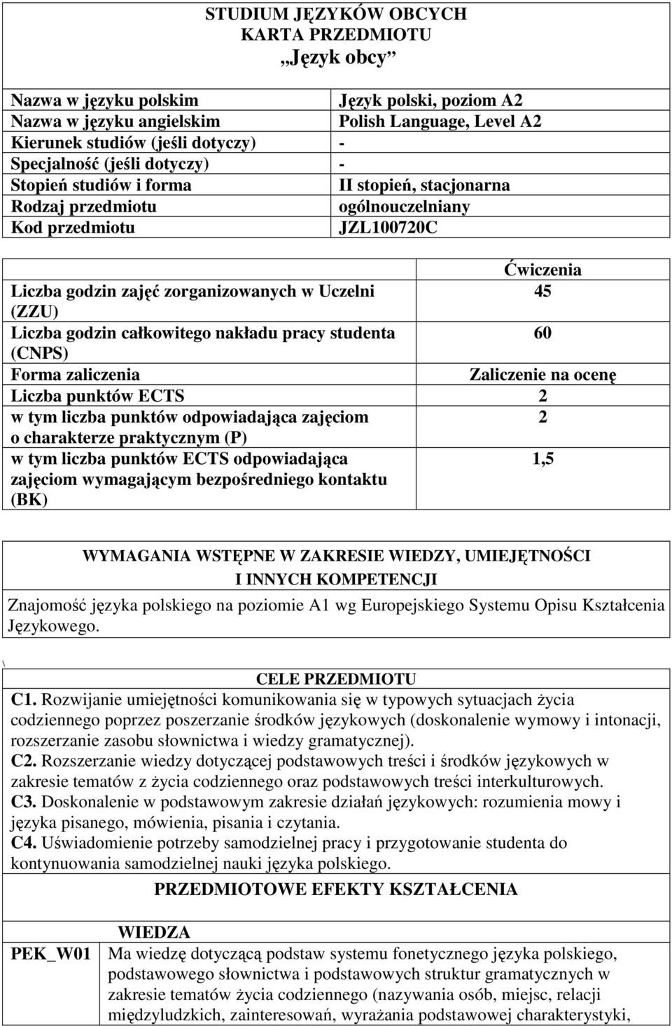 godzin całkowitego nakładu pracy studenta 60 (CNPS) Forma zaliczenia Zaliczenie na ocenę Liczba punktów ECTS 2 w tym liczba punktów odpowiadająca zajęciom 2 o charakterze praktycznym (P) w tym liczba