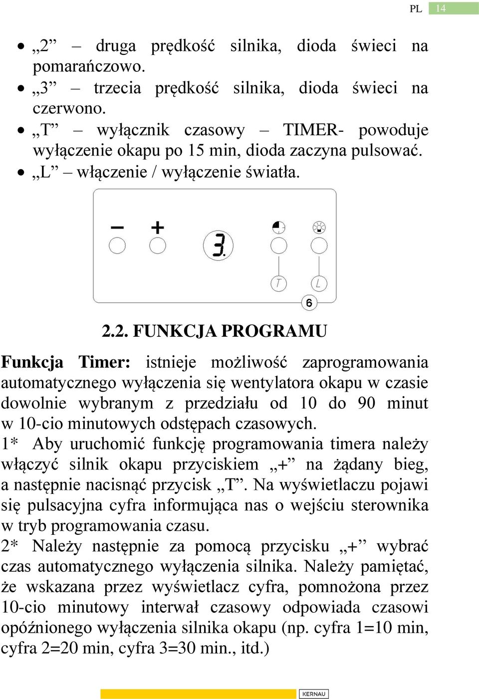2. FUNKCJA PROGRAMU Funkcja Timer: istnieje możliwość zaprogramowania automatycznego wyłączenia się wentylatora okapu w czasie dowolnie wybranym z przedziału od 10 do 90 minut w 10-cio minutowych