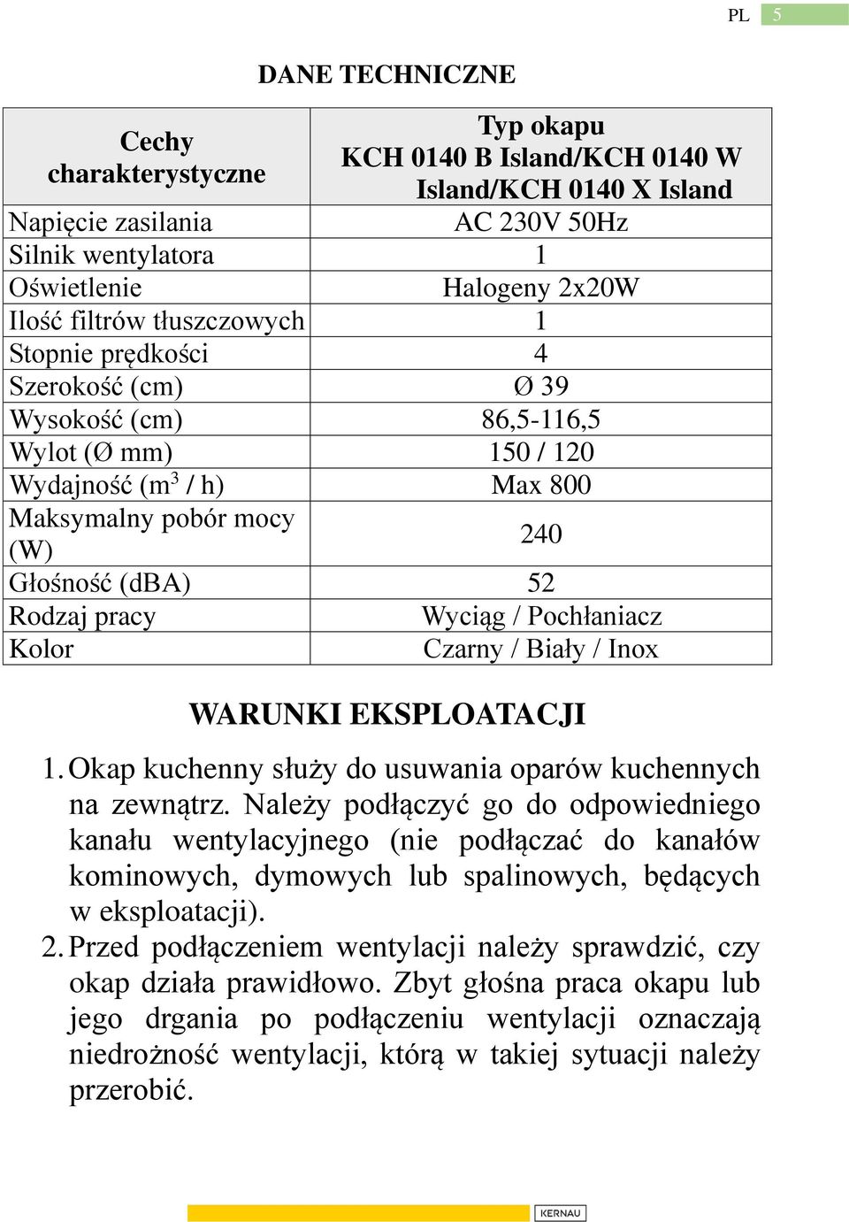 / Pochłaniacz Kolor Czarny / Biały / Inox WARUNKI EKSPLOATACJI 1. Okap kuchenny służy do usuwania oparów kuchennych na zewnątrz.