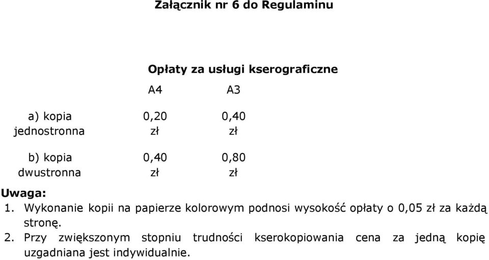 Wykonanie kopii na papierze kolorowym podnosi wysokość opłaty o 0,05 za każdą