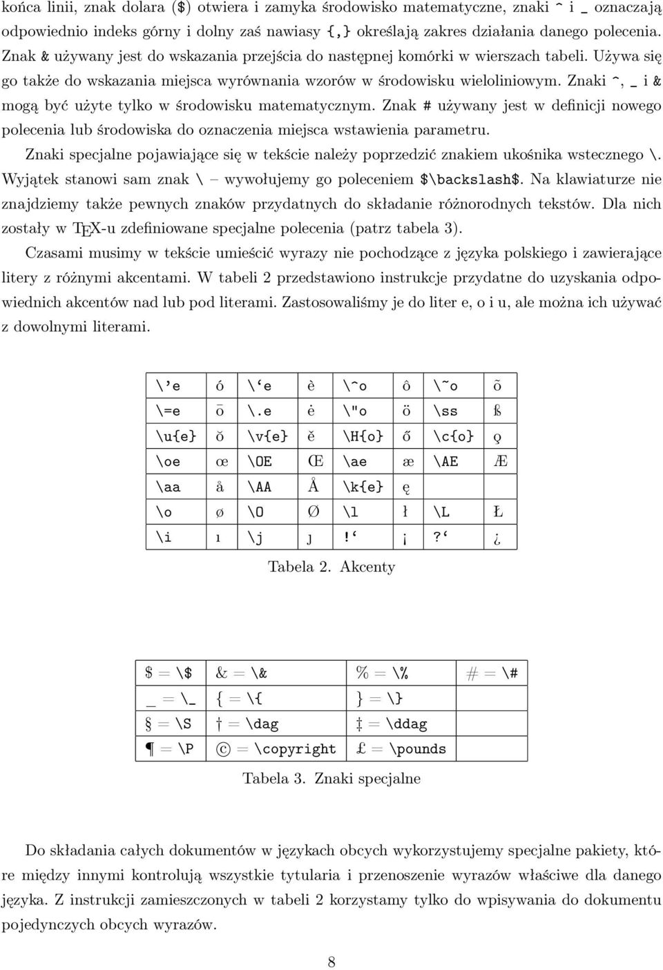 Znaki ^, _ i & mogą być użyte tylko w środowisku matematycznym. Znak # używany jest w definicji nowego polecenia lub środowiska do oznaczenia miejsca wstawienia parametru.
