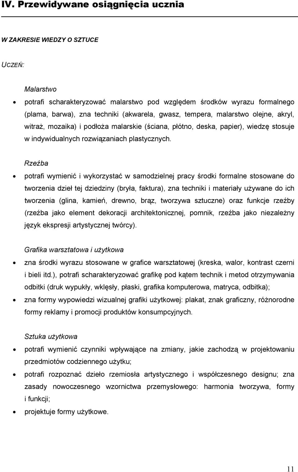 Rzeźba potrafi wymienić i wykorzystać w samodzielnej pracy środki formalne stosowane do tworzenia dzieł tej dziedziny (bryła, faktura), zna techniki i materiały używane do ich tworzenia (glina,