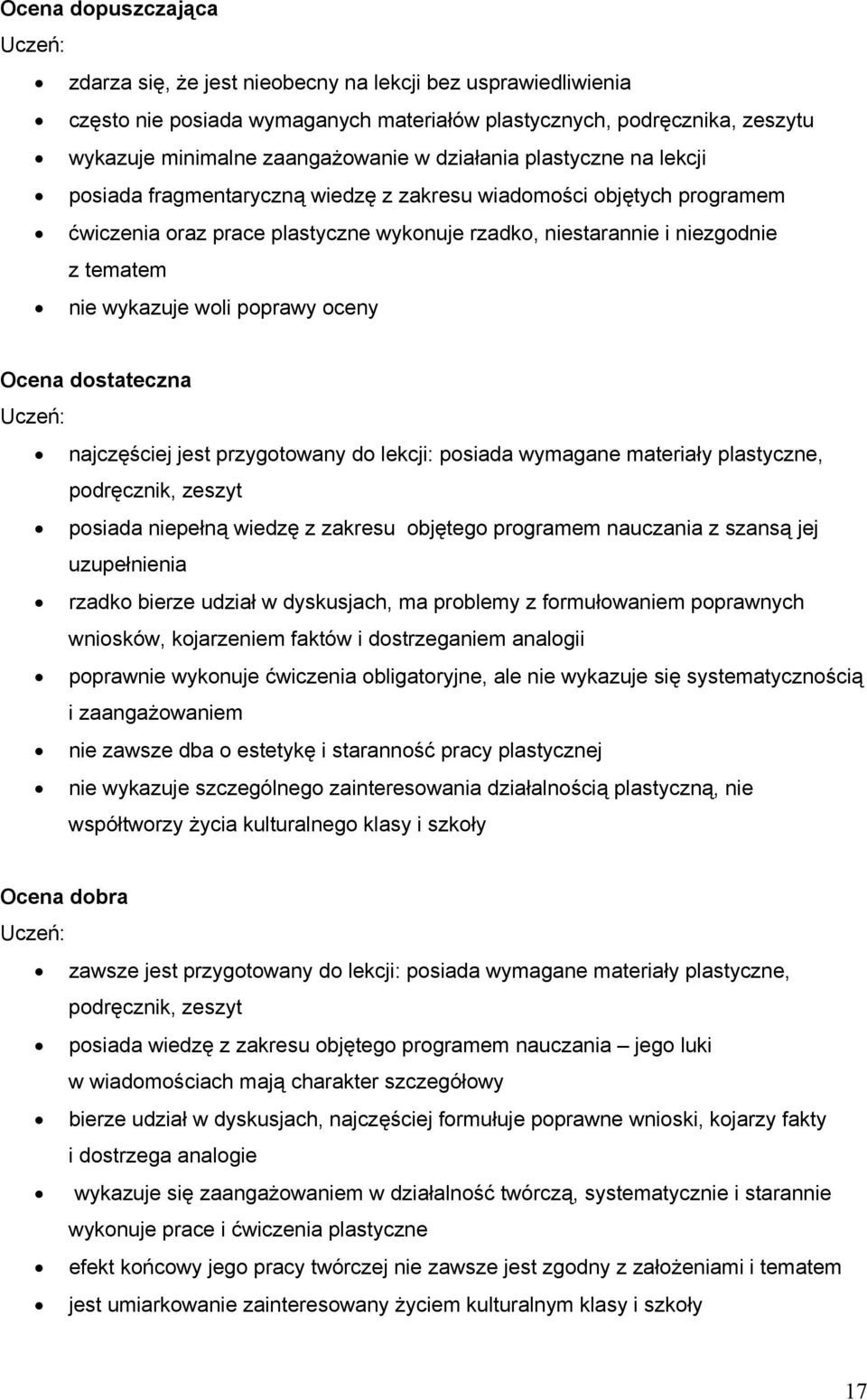 woli poprawy oceny Ocena dostateczna Uczeń: najczęściej jest przygotowany do lekcji: posiada wymagane materiały plastyczne, podręcznik, zeszyt posiada niepełną wiedzę z zakresu objętego programem