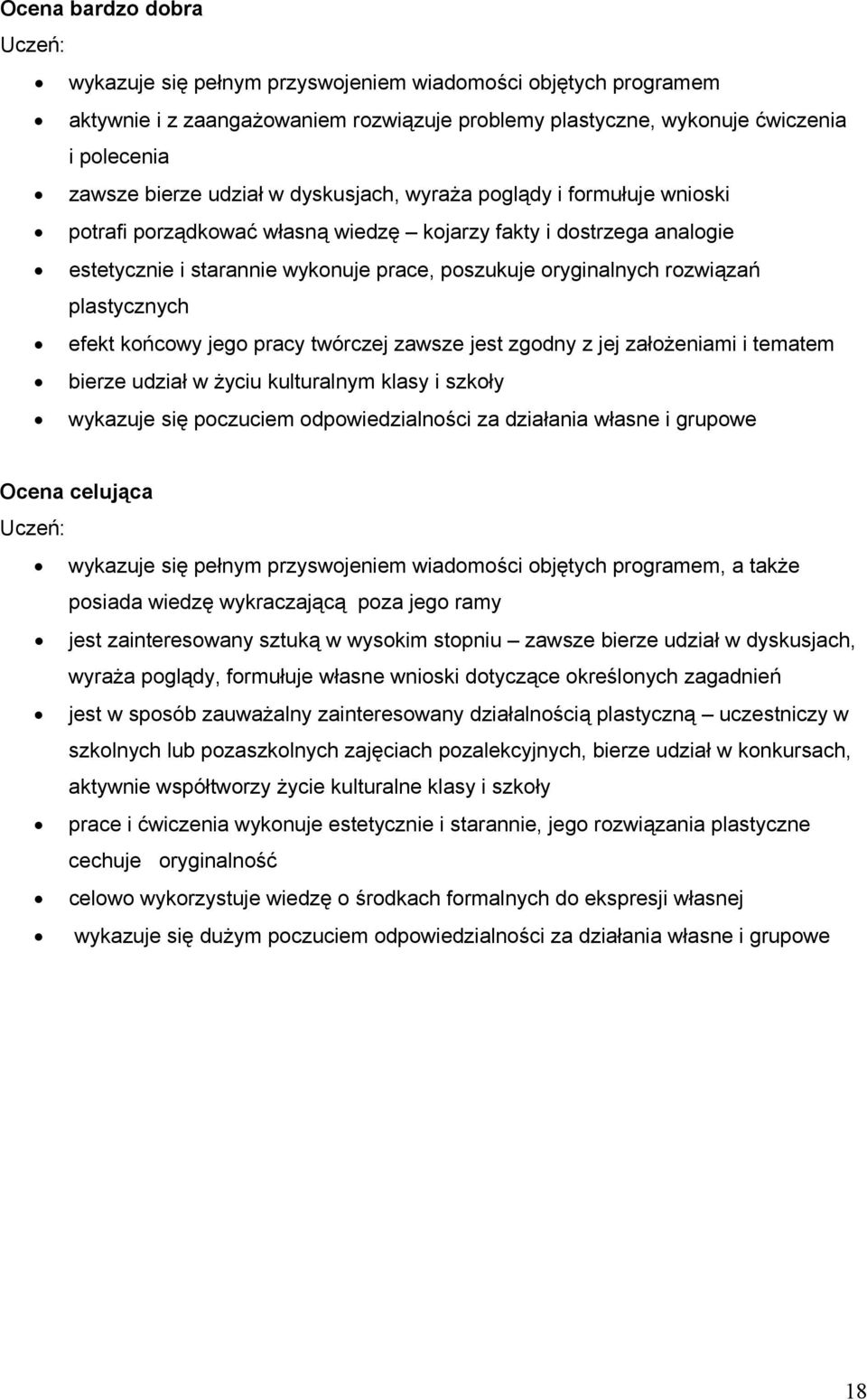 plastycznych efekt końcowy jego pracy twórczej zawsze jest zgodny z jej założeniami i tematem bierze udział w życiu kulturalnym klasy i szkoły wykazuje się poczuciem odpowiedzialności za działania