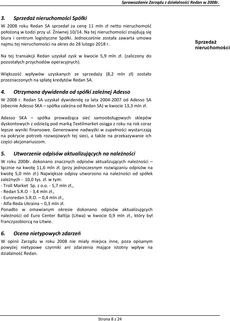 Na tej transakcji Redan uzyskał zysk w kwocie 5,9 mln zł. (zaliczony do pozostałych przychodów operacyjnych).