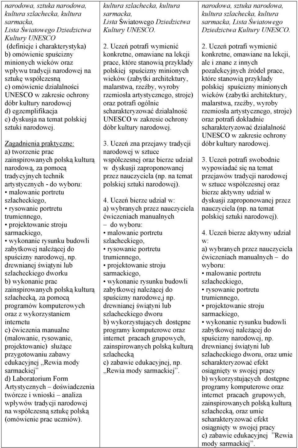 a) tworzenie prac zainspirowanych polską kulturą narodową, za pomocą tradycyjnych technik artystycznych - do wyboru: malowanie portretu szlacheckiego, rysowanie portretu trumiennego, projektowanie