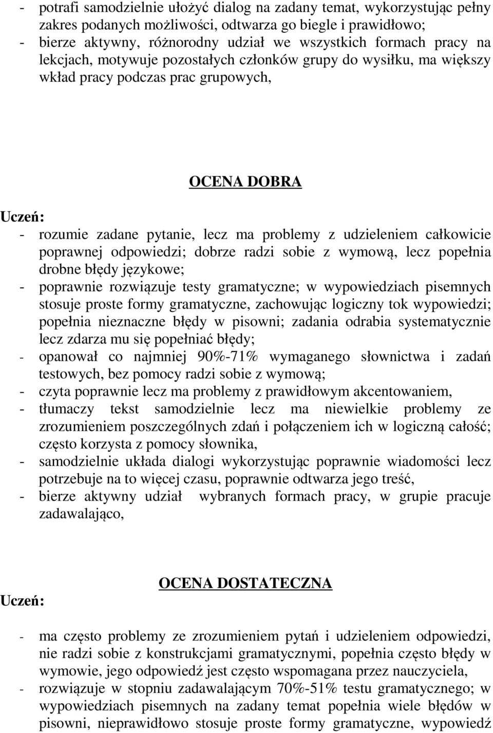 odpowiedzi; dobrze radzi sobie z wymową, lecz popełnia drobne błędy językowe; - poprawnie rozwiązuje testy gramatyczne; w wypowiedziach pisemnych stosuje proste formy gramatyczne, zachowując logiczny