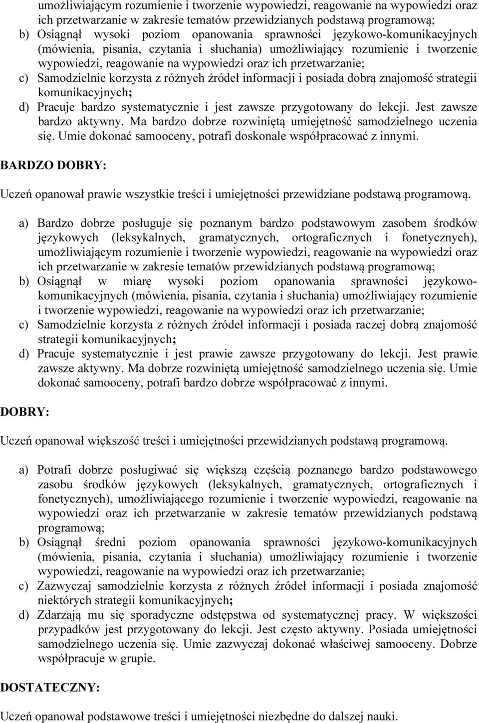 przygotowany do lekcji. Jest zawsze bardzo aktywny. Ma bardzo dobrze rozwiniętą umiejętność samodzielnego uczenia się. Umie dokonać samooceny, potrafi doskonale współpracować z innymi.