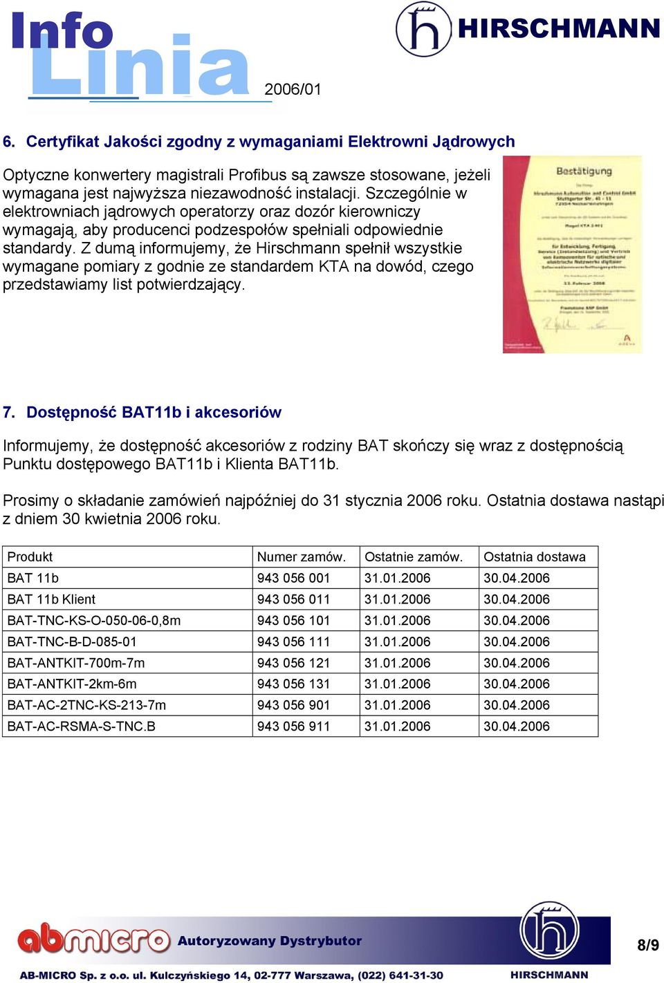 Z dumą informujemy, że Hirschmann spełnił wszystkie wymagane pomiary z godnie ze standardem KTA na dowód, czego przedstawiamy list potwierdzający. 7.