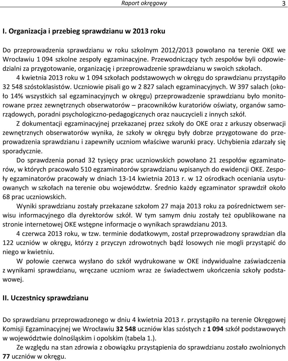 4 kwietnia 2013 roku w 1 094 szkołach podstawowych w okręgu do sprawdzianu przystąpiło 32 548 szóstoklasistów. Uczniowie pisali go w 2 827 salach egzaminacyjnych.