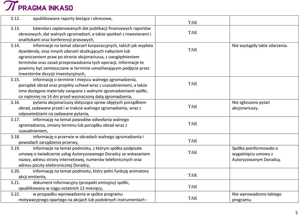 informacje na temat zdarzeń korporacyjnych, takich jak wypłata dywidendy, oraz innych zdarzeń skutkujących nabyciem lub ograniczeniem praw po stronie akcjonariusza, z uwzględnieniem terminów oraz