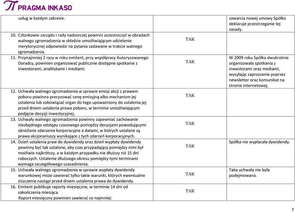 zgromadzenia. 11. Przynajmniej 2 razy w roku emitent, przy współpracy Autoryzowanego Doradcy, powinien organizować publicznie dostępne spotkanie z inwestorami, analitykami i mediami. 12.