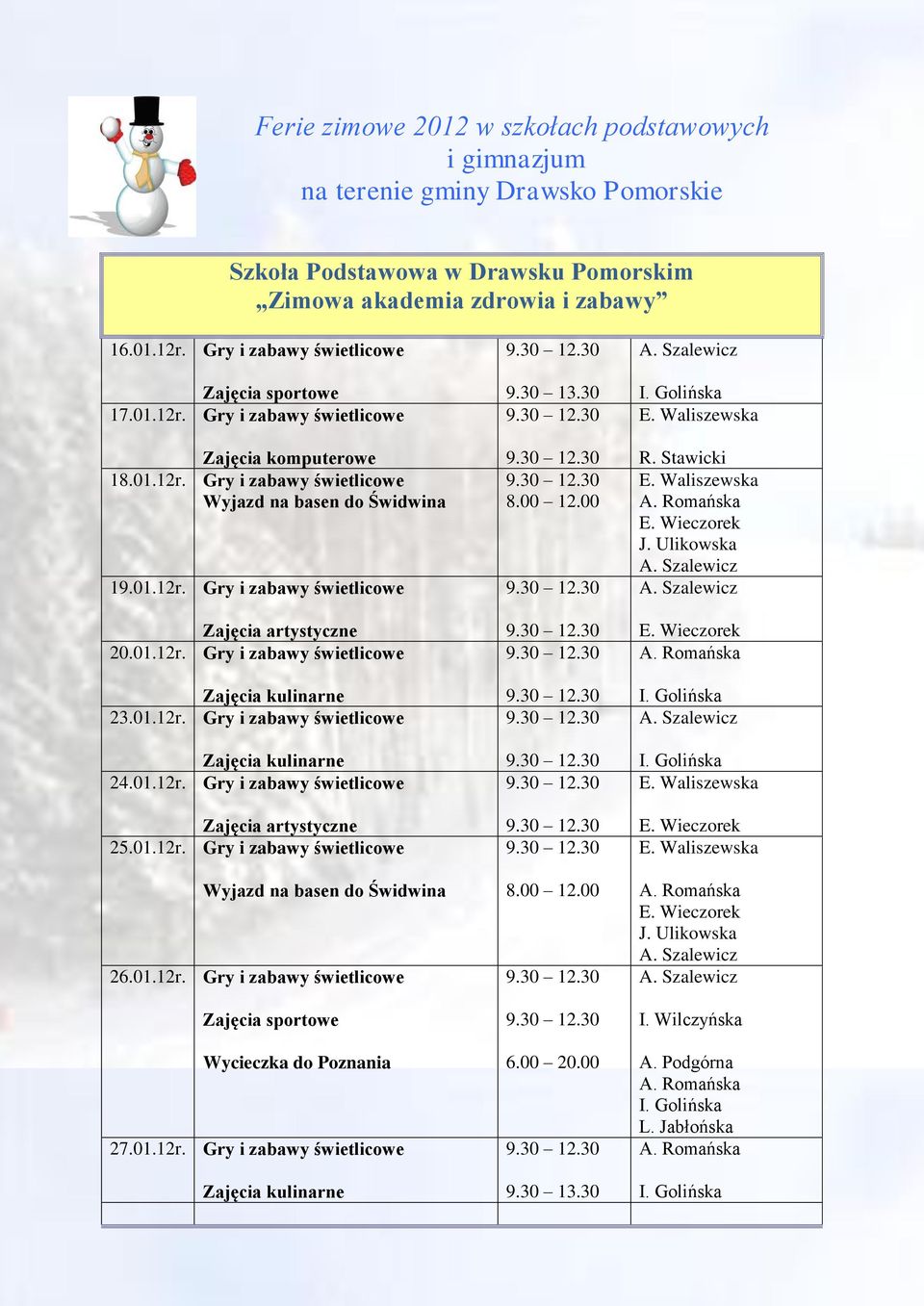 01.12r. Gry i zabawy świetlicowe Zajęcia kulinarne 23.01.12r. Gry i zabawy świetlicowe Zajęcia kulinarne 24.01.12r. Gry i zabawy świetlicowe Zajęcia artystyczne 25.01.12r. Gry i zabawy świetlicowe Wyjazd na basen do Świdwina 26.