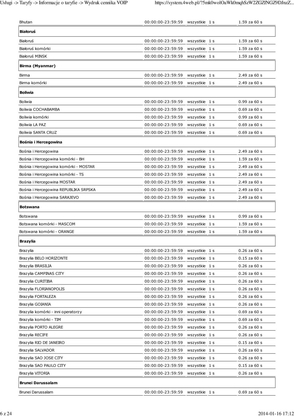 49 za 60 s Boliwia Boliwia 00:00:00-23:59:59 wszystkie 1 s 0.99 za 60 s Boliwia COCHABAMBA 00:00:00-23:59:59 wszystkie 1 s 0.69 za 60 s Boliwia komórki 00:00:00-23:59:59 wszystkie 1 s 0.