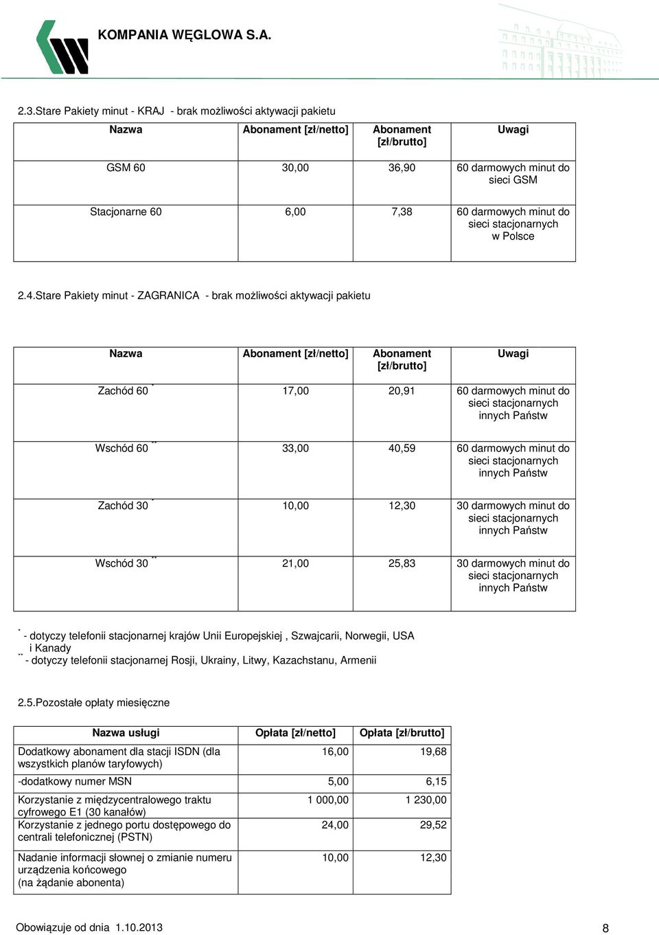 Stare Pakiety minut - ZAGRANICA - brak możliwości aktywacji pakietu Nazwa Abonament Abonament Uwagi Zachód 60 * 17,00 20,91 60 darmowych minut do sieci stacjonarnych innych Państw Wschód 60 ** 33,00