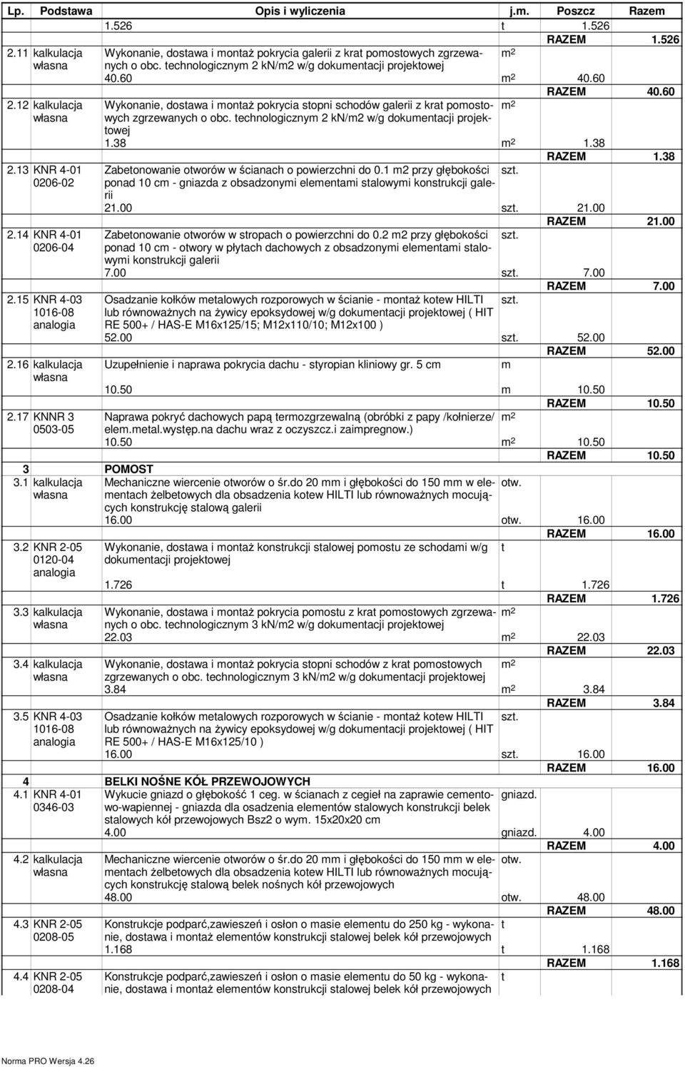 16 kalkulacja Wykonanie, dosawa i onaŝ pokrycia sopni schodów galerii z kra poosowych zgrzewanych o obc. echnologiczny kn/2 w/g dokuenacji projek- owej 1.38 1.