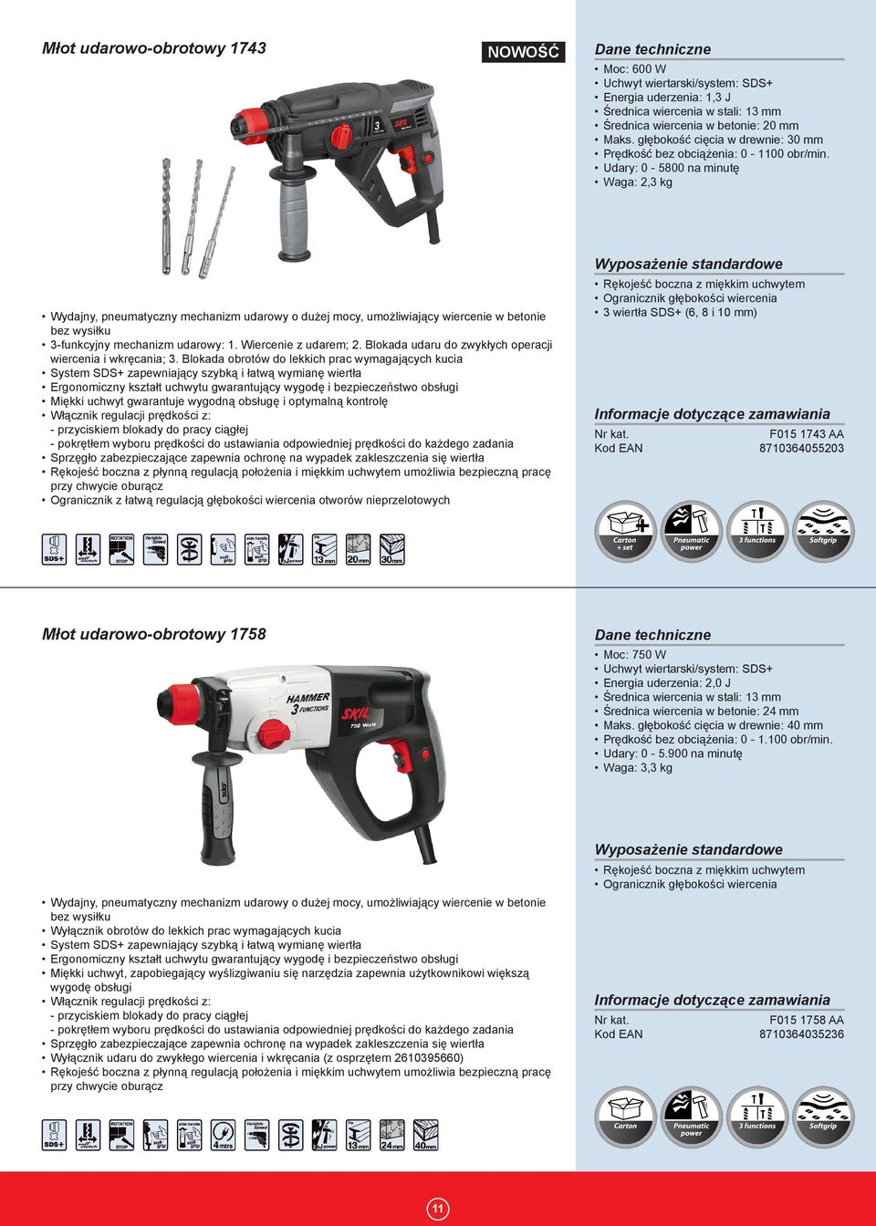 Udary: 0-5800 na minutę Waga: 2,3 kg Wydajny, pneumatyczny mechanizm udarowy o dużej mocy, umożliwiający wiercenie w betonie bez wysiłku 3-funkcyjny mechanizm udarowy: 1. Wiercenie z udarem; 2.